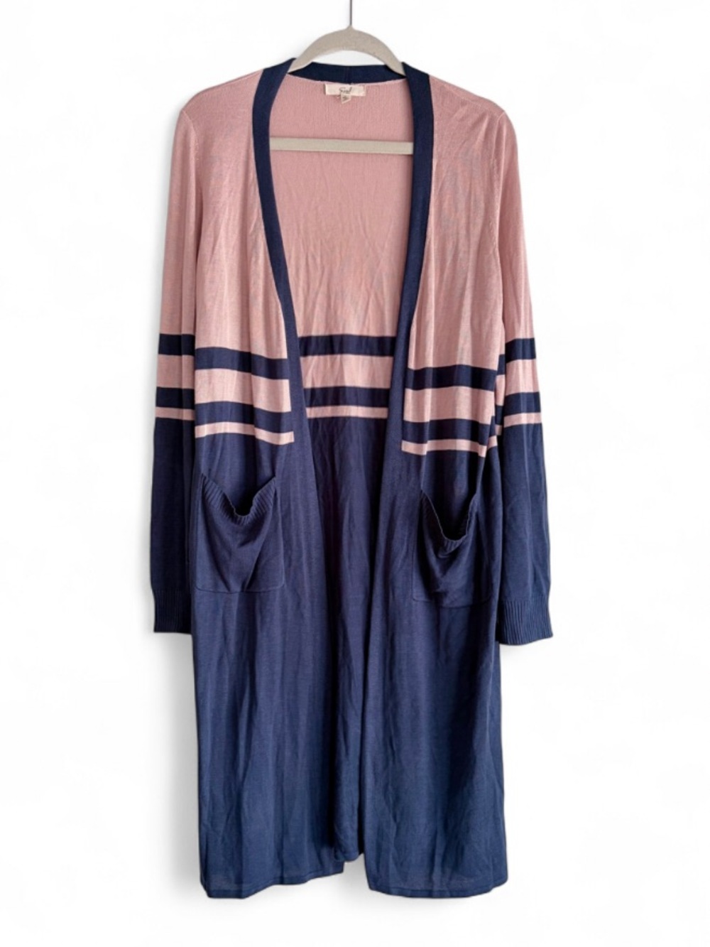 Easel Mauve and Navy Blue Striped Long Open Rayon Duster Cardigan Size L